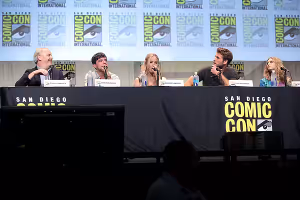 Francis Lawrence, Josh Hutcherson, Jennifer Lawrence, Liam Hemsworth and Willow Shields speaking at the 2015 San Diego Comic Con International, for "The Hunger 