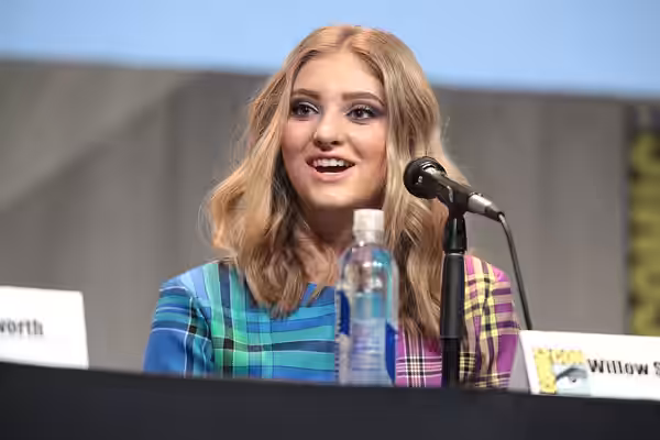 Willow Shields speaking at the 2015 San Diego Comic Con International, for "The Hunger Games: Mockingjay Part 2", at the San Diego Convention Center in San Dieg