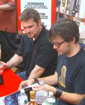 From left to right: Writers Christos Gage and Matt Fraction at a book signing at Midtown Comics Times Square in Manhattan, June 21, 2010. Photo by Luigi Novi. T