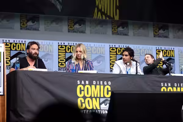 Johnny Galecki, Kaley Cuoco, Kunal Nayyar and Kevin Sussman speaking at the 2017 San Diego Comic Con International, for "The Big Bang Theory", at the San Diego 