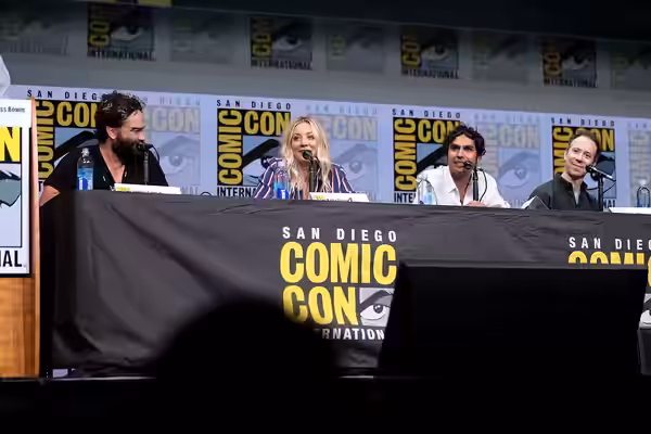 Johnny Galecki, Kaley Cuoco, Kunal Nayyar and Kevin Sussman speaking at the 2017 San Diego Comic Con International, for "The Big Bang Theory", at the San Diego 