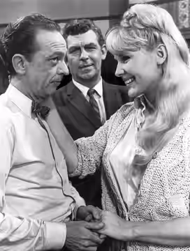 Photo of Andy Griffith, Don Knotts and Margaret Teele from the television program The Andy Griffith Show. In this episode, Andy goes to Raleigh to visit Barney,