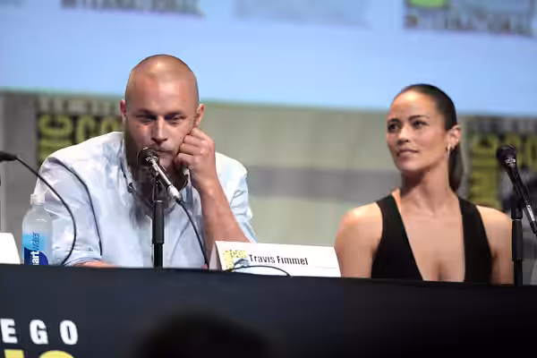 Travis Fimmel and Paula Patton speaking at the 2015 San Diego Comic Con International, for "Warcraft", at the San Diego Convention Center in San Diego, Californ