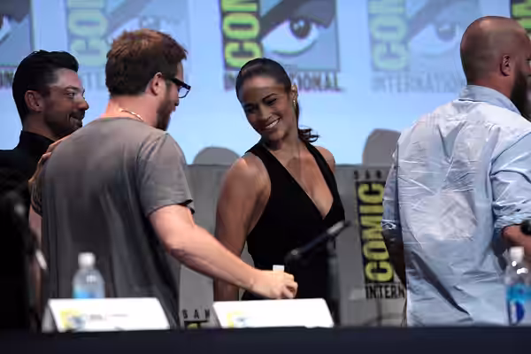 Dominic Cooper, Duncan Jones, Paul Patton and Travis Fimmel speaking at the 2015 San Diego Comic Con International, for "Warcraft", at the San Diego Convention 