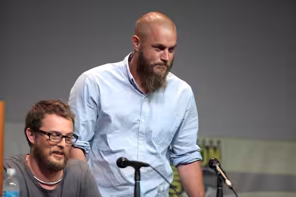 Duncan Jones and Travis Fimmel speaking at the 2015 San Diego Comic Con International, for "Warcraft", at the San Diego Convention Center in San Diego, Californ