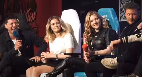 Vikings cast from left to right - Alex Høgh (Ivar the Boneless), Alicia Agneson (Freydis), Katheryn Winnick (Lagertha), Jordan Patrick Smith (Ubbe), at German C (2022)