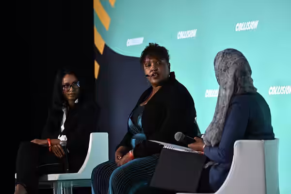 27 June 2023; Speakers, from left, Kat Graham, Actress &amp; Goodwill Ambassador, UN Refugee Agency; Dana Hughes, Deputy Head of Communications, UNHCR; and Gine