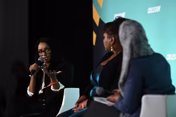 27 June 2023; Speakers, from left, Kat Graham, Actress &amp; Goodwill Ambassador, UN Refugee Agency; Dana Hughes, Deputy Head of Communications, UNHCR; and Gine