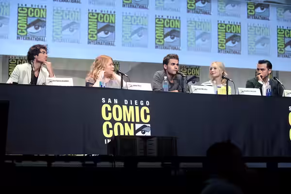 Ian Somerhalder, Julie Plec, Paul Wesley, Candice Accola and Michael Malarkey speaking at the 2015 San Diego Comic Con International, for "The Vampire Diaries",
