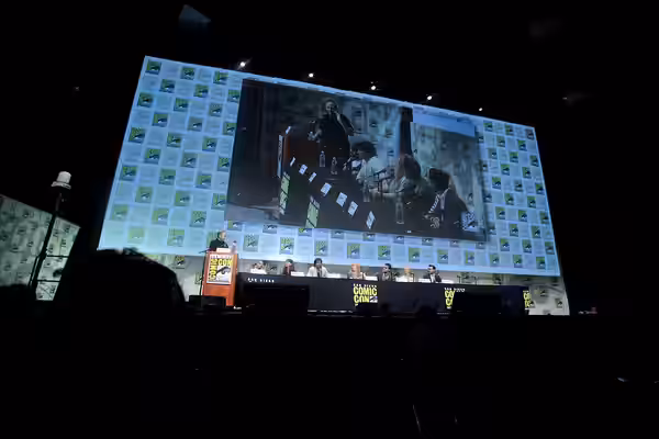 Jarett Wieselman, Kat Graham, Caroline Dries, Ian Somerhalder, Julie Plec, Paul Wesley, Candice Accola and Michael Malarkey speaking at the 2015 San Diego Comic