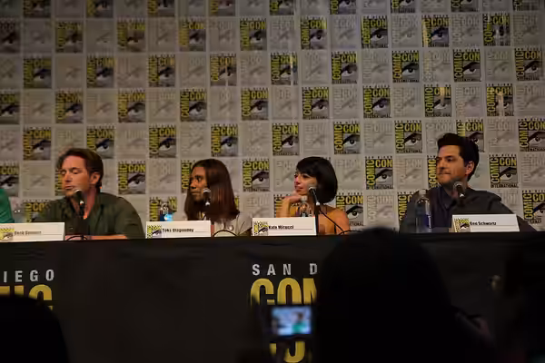 The DuckTales panel. Pictured is [from left to right]Beck Bennett (Launchpad McQuack), Toks Olagundoye (Mrs. Beakley), Kate Micucci (Webby), and Ben Schwartz (D (2017)