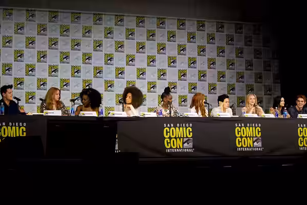 Casey Cott, Sarah Schechter, Asha Bromfield, Hayley Law, Ashleigh Murray, Madelaine Petsch, Cole Sprouse, Lili Reinhart, Camila Mendes, and KJ Apa speaking at t (2017)