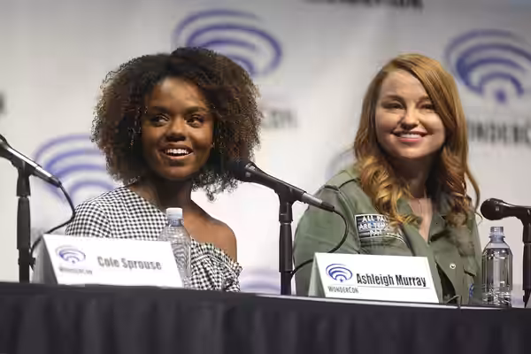 Ashleigh Murray and Sarah Schechter speaking at the 2017 WonderCon, for "Riverdale", at the Anaheim Convention Center in Anaheim, California. Please attribute t