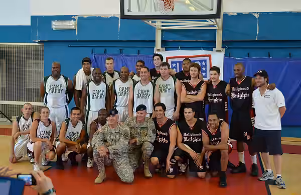 Hollywood Knights vs. Camp Darby A celebrity Basketball team consisting of Hollywood actors: Nicholas Braun, Ryan Eggold, Hill Harper, Josh Henderson, Robbie Jo (2011)