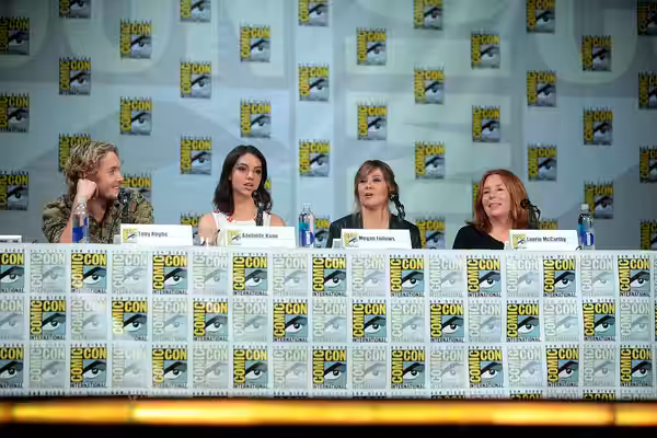 Toby Regbo, Adelaide Kane, Megan Follows and Laurie McCarthy speaking at the 2014 San Diego Comic Con International, for "Reign", at the San Diego Convention Ce