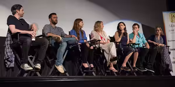 The cast & crew of the TV show Casual at the ATX TV Festival presentation for it. From left: Jason Reitman, Zander Lehmann, Tara Lynne Barr, Liz Tigelaar, M (2016)