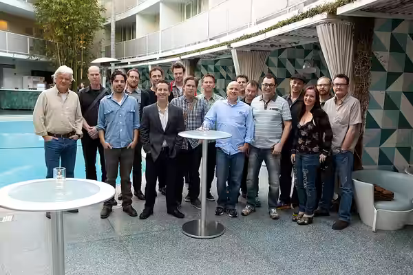 Participants of the Telefilm Canada Features Comedy Lab at the Avalon Hotel Beverly Hills L-R Back Row: Bruce Harvey, John Hazlett, Matt Atkinson, Antonello Coz (2011)