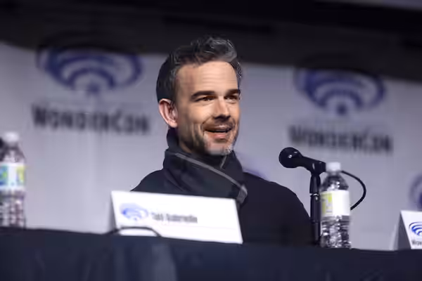 Christopher Gorham speaking at the 2023 WonderCon, for "Batman: The Doom That Came to Gotham", at the Anaheim Convention Center in Anaheim, California. Please a
