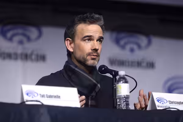 Christopher Gorham speaking at the 2023 WonderCon, for "Batman: The Doom That Came to Gotham", at the Anaheim Convention Center in Anaheim, California. Please a