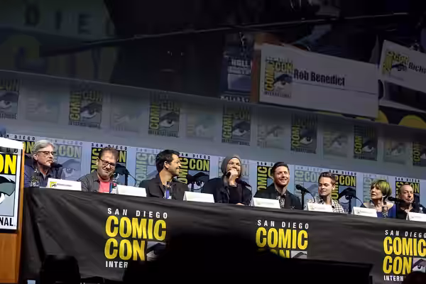 Robert Singer, Andrew Dabb, Misha Collins, Jared Padalecki, Jensen Ackles, Alexander Calvert, Eugenie Ross-Leming and Brad Buckner speaking at the 2018 San Dieg