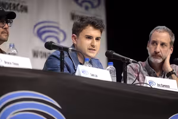 Eric Carrasco and Jim Krieg speaking at the 2019 WonderCon, for "Justice League vs. the Fatal Five", at the Anaheim Convention Center in Anaheim, California. Pl