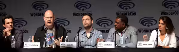 Len Wiseman, Trey Callaway, Justin Kirk, Ernie Hudson and Caitlin Stasey speaking at the 2017 WonderCon, for "APB", at the Anaheim Convention Center in Anaheim,