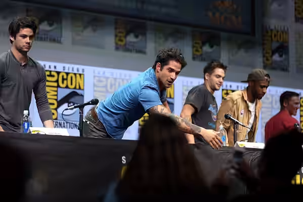 Dylan O'Brien, Tyler Posey, Dylan Sprayberry, Khylin Rhambo and Jeff Davis speaking at the 2017 San Diego Comic Con International, for "Teen Wolf", at the San D