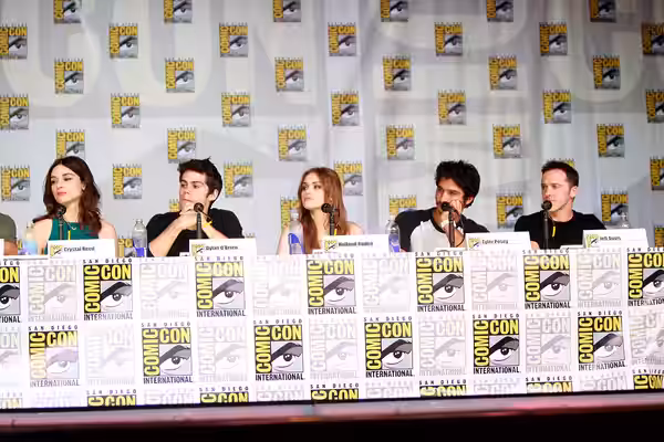 Crystal Reed, Dylan O'Brien, Holland Roden, Tyler Posey and Jeff Davis speaking at the 2013 San Diego Comic Con International, for "Teen Wolf", at the San Diego