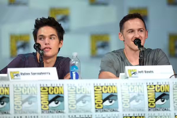 Dylan Sprayberry and Jeff Davis speaking at the 2014 San Diego Comic Con International, for "Teen Wolf", at the San Diego Convention Center in San Diego, Califo
