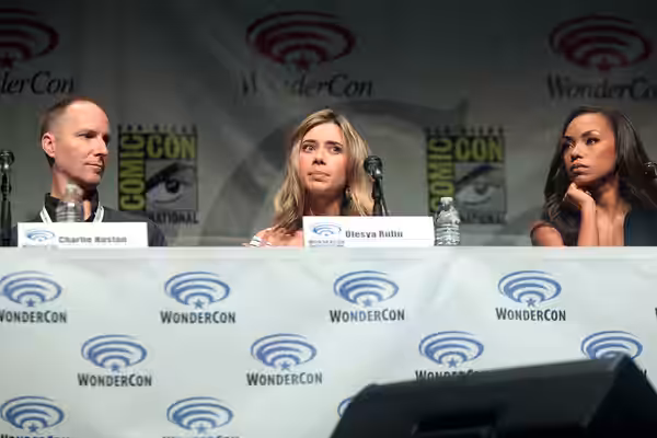 Charlie Huston, Olesya Rulin and Logan Browning speaking at the 2015 Wondercon, for "Powers", at the Anaheim Convention Center in Anaheim, California. Please at