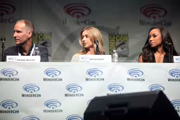 Charlie Huston, Olesya Rulin and Logan Browning speaking at the 2015 Wondercon, for "Powers", at the Anaheim Convention Center in Anaheim, California. Please at