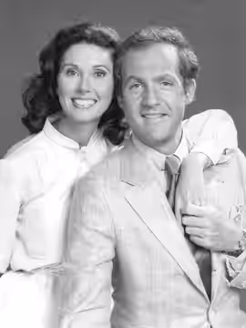 Publicity photo of American actors, Elinor Donahue and Lawrence Pressman promoting the Tuesday, October 25, 1977 premiere of the NBC television series Mulligan'