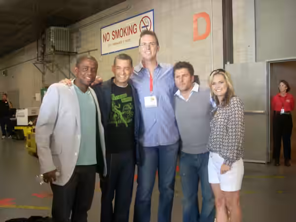 Dulé Hill, Timothy Omundson, Steve Franks, James Roday and Maggie Lawson at the 2009 San Diego Comic-Con, backstage at the Psych panel.