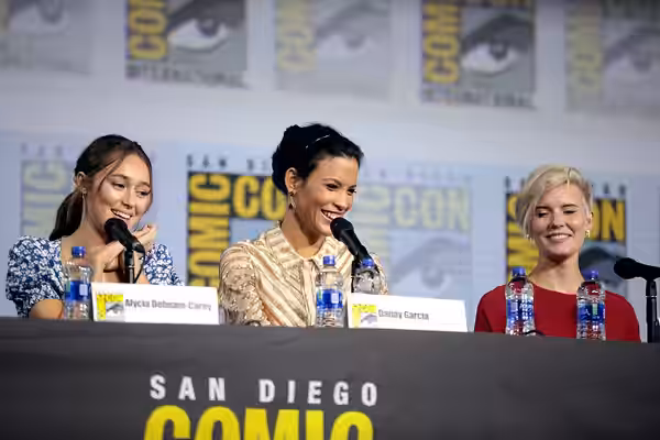 Alycia Debnam-Carey, Danay Garcia and Maggie Grace speaking at the 2019 San Diego Comic Con International, for "Fear the Walking Dead", at the San Diego Convent