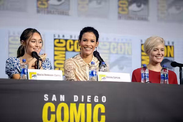 Alycia Debnam-Carey, Danay Garcia and Maggie Grace speaking at the 2019 San Diego Comic Con International, for "Fear the Walking Dead", at the San Diego Convent