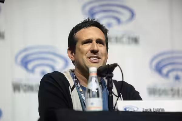 Zack Estrin speaking at the 2018 WonderCon, for "Netflix's Lost in Space", at the Anaheim Convention Center in Anaheim, California. Please attribute to Gage Ski