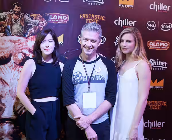 Julia Hart, Tim League and Brit Marling, red carpet Fantastic Fest 2015.