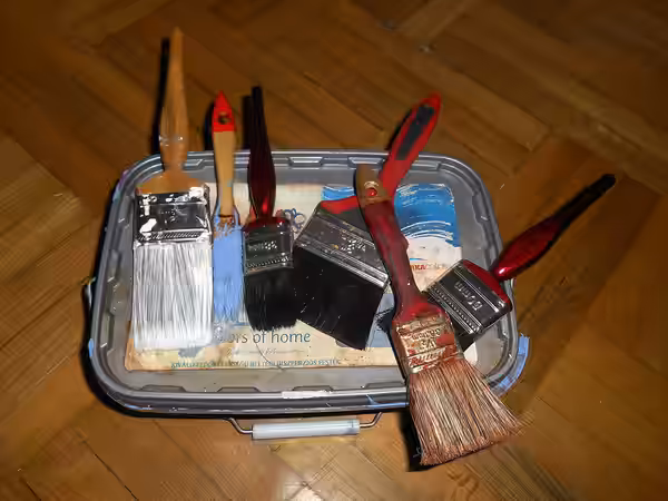 A variety of paintbrushes used for domestic decorating. These tend to be larger than artists' paintbrushes, although some artists such as Rolf Harris and Gerald (2015)