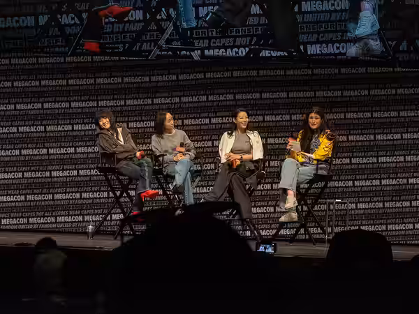 REI AMI, Ji-young Yoo and Arden Cho interviewed by Jacki Jing from “The Circle” at a MegaCon 2026 panel in Orlando, Florida.