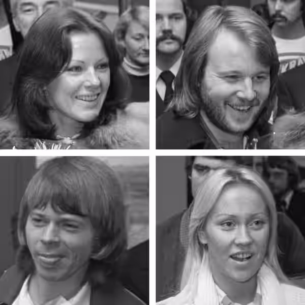 ABBA (top: Anni-Frid Lyngstad and Benny Andersson. bottom: Björn Ulvaeus and Agnetha Fältskog) at Amsterdam Airport Schiphol, 1976.