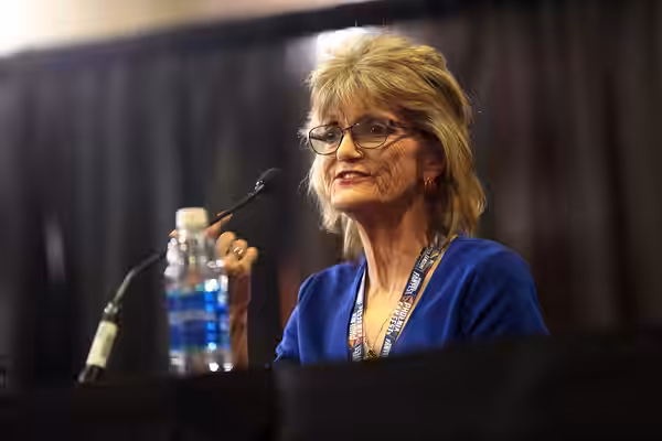 Denise Nickerson of "Willy Wonka &amp; the Chocolate Factory" speaking with attendees at the 2017 Phoenix Comicon Fan Fest at the Phoenix Convention Center in P