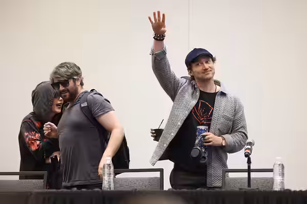 Alex Brightman and Bryce Pinkham speaking with attendees at the 2025 Anime Arizona at the Renaissance Phoenix Glendale Hotel &amp; Conference Center in Glendale