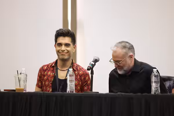 Brandon Rogers and Richard Horvitz speaking with attendees at the 2025 Anime Arizona at the Renaissance Phoenix Glendale Hotel &amp; Conference Center in Glenda