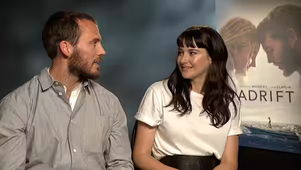 Screenshot of Sam Claflin and Shailene Woodley as They Tell Their Best Jokes in an Interview with MTV UK (2018)