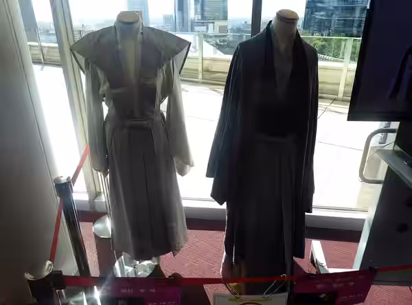 Jun Kunimura and Etsushi Toyokawa's costumes from the film Punk Samurai Slash Down (Panku-zamurai, kirarete sôrô) (2018) directed by Gakuryû Ishii.