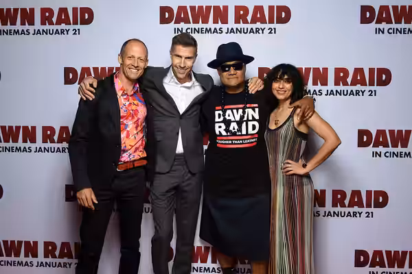 Fraser Brown (executive producer), Matthew Metcalfe (screenwriter/producer), Oscar Kightley (director), and Leela Menon (producer), posing for a photo at the pr (2023)