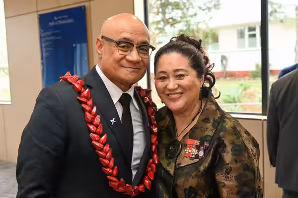 Oscar Kightley (left) and Cindy Kiro, at an assembly at Rutherford College, Te Atatū, on 13 October 2025, where they were inducted into the Rutherford College H