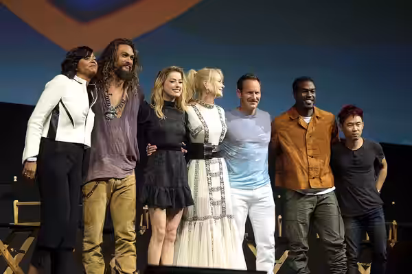 Aisha Tyler, Jason Momoa, Amber Heard, Nicole Kidman, Patrick Wilson, Yahya Abdul-Mateen II and James Wan speaking at the 2018 San Diego Comic Con International