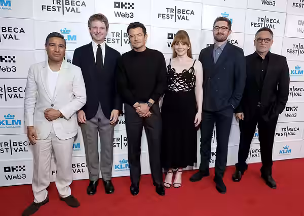NIck Mohammed, Alexander Owen, Orlando Bloom, Bryce Dallas Howard, Ben Ashenden and Colin Trevorrow at The Tribeca Film Festival 2025 for the International Prem