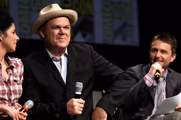 John C. Reilly &amp; Chris Hardwick speaking at the 2012 San Diego Comic-Con International in San Diego, California. Please attribute to Gage Skidmore if used e